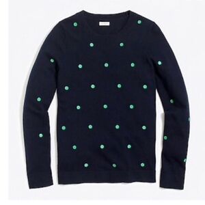 J Crew Navy Cotton Blend Crewneck Sweater With Green Polka Dots Size M